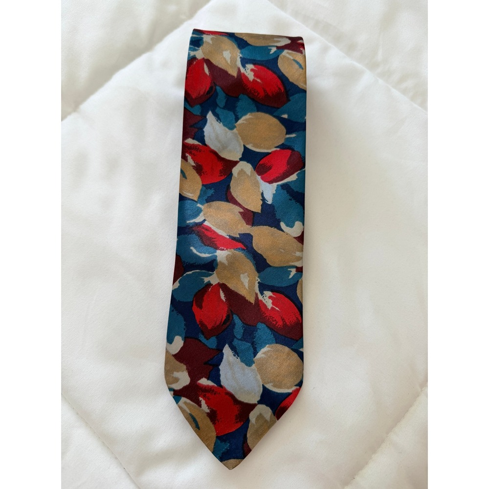 Vintage Towncraft Mens Abstract Leaf Print Necktie Blue Red Gold Made in USA